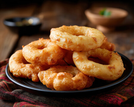 Traditional Nepali Sel Roti Rice Doughnuts Stacked on Dark Plate created with Generative AI Technology, ai, generative 