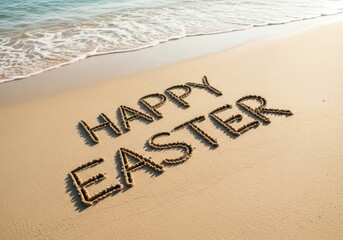 Happy easter written in sand on beach with ocean waves in background