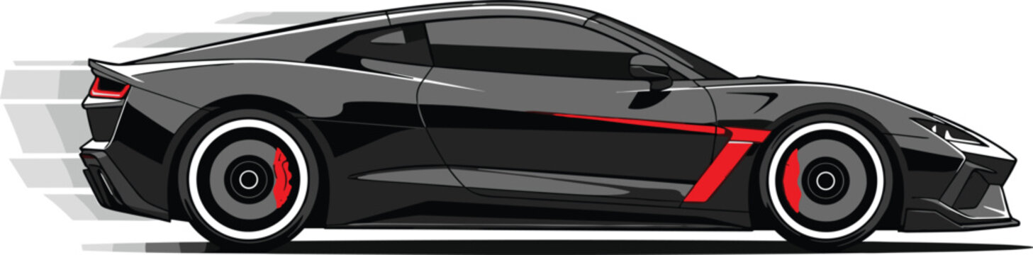 Professional dark grey sports car vector illustration with red racing accents and speed motion effects on white background