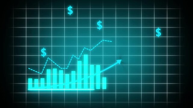 Glowing neon revenue growth chart on digital grid background. Stock market uptrend animation 2019 business profit increase graph...