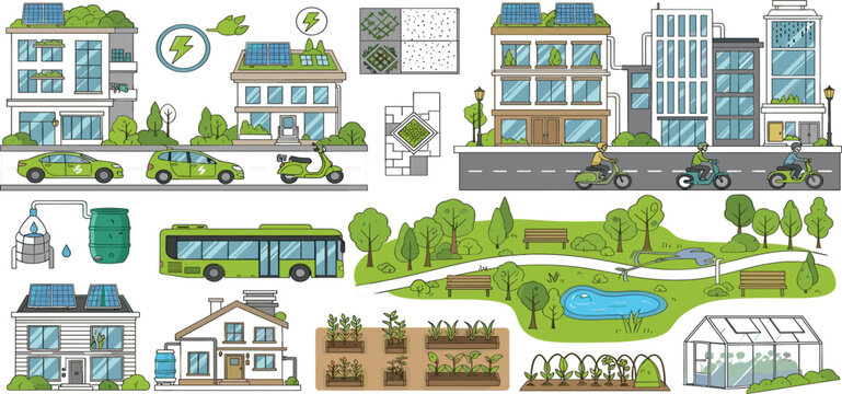 Sustainable smart city illustration with green buildings electric buses solar panels urban parks and community greenhouse for eco friendly urban living