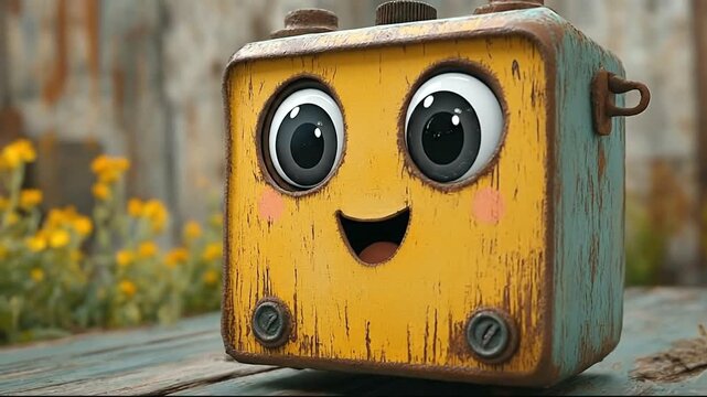 Cheerful animated box character in a rustic garden setting