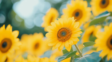 Yellow sunflower blooming in garden with green leaves. Summer agriculture concept
