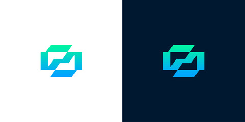 Obraz premium Abstract geometric logo design with a modern gradient of blue and green, conveying digital connection, energetic flow, and technological advancement in a sleek, versatile emblem
