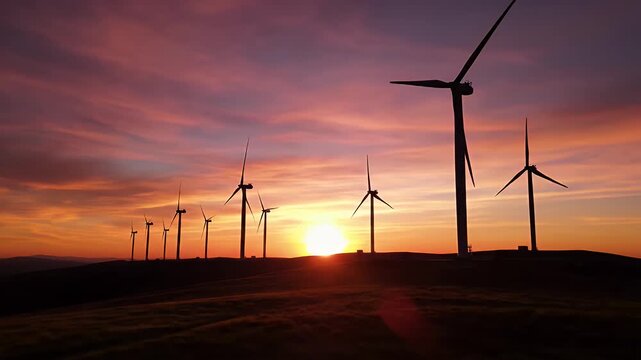 Wind Turbines at Sunset - A row of silhouetted wind turbines stands against a vibrant sunset sky filled with oranges, pinks, and purples.