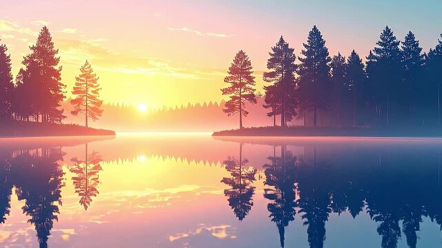 Symmetrical Lake Reflection at Sunrise with Prismatic Water Texture and Soft Pastel Sky