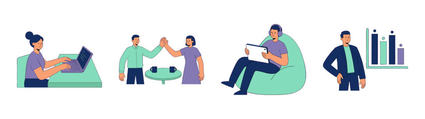 Flat Vector Remote Office Employees Asset Sheet for Collaborative Workplace and Business Data Visualization