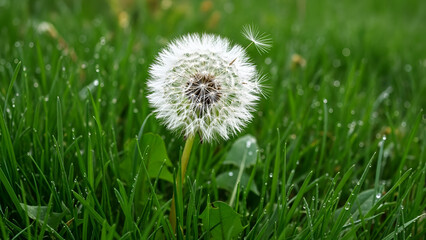 White dandelion seed head in green grass with dew drops