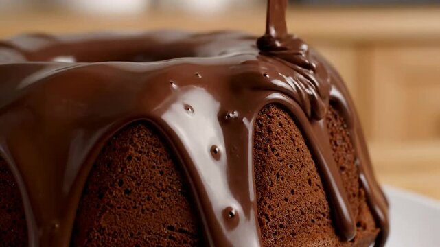 Close up of chocolate cake being drizzled with glaze in kitchen or Close up of cake being decorated with dripping chocolate in kitchen