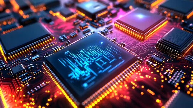 Close-up view of a vibrant microchip with glowing circuits and data patterns