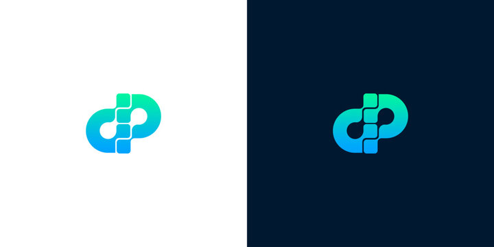 Abstract logo design featuring the letters D and P in a modern, geometric, and digital style with a gradient color scheme