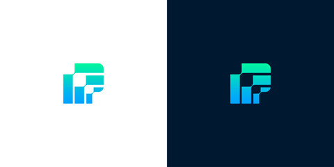Obraz premium Abstract letter P logo design with gradient blocks in blue and green on white and dark backgrounds