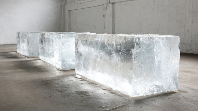 Frozen Cubes: Three large, translucent ice cubes stand in a row, their icy surfaces catching the light in a display of stark simplicity and captivating clarity. 