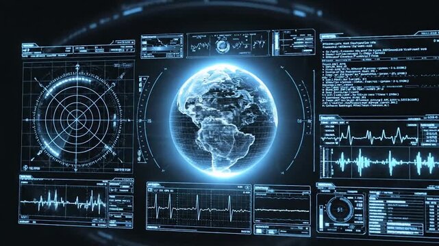 Futuristic Earth Monitoring Control Center Dashboard.