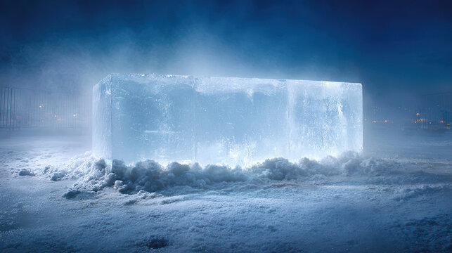 Ice Block Amidst Blizzard: A colossal rectangular ice block stands firm against a furious blizzard. The icy structure glimmers with glacial beauty, a testament to nature's formidable power.