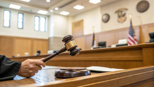 A judge's hand grips a wooden gavel over a sound block in a courtroom setting, symbolizing the authority of the American judicial system, legal proceedings, and the delivery of justice in the USA.