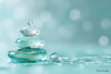 Macro Close-Up Of Teal Glass Pebbles Stacked With Water Droplets, Creating A Serene Spa Vibe, Gentle Reflections, And Calm Wellness Imagery For Beauty, Wellness, And Nature Themes
