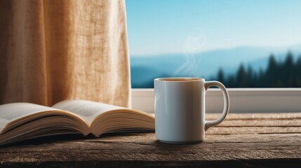 Cozy Morning Coffee and Book by Window with Mountain View