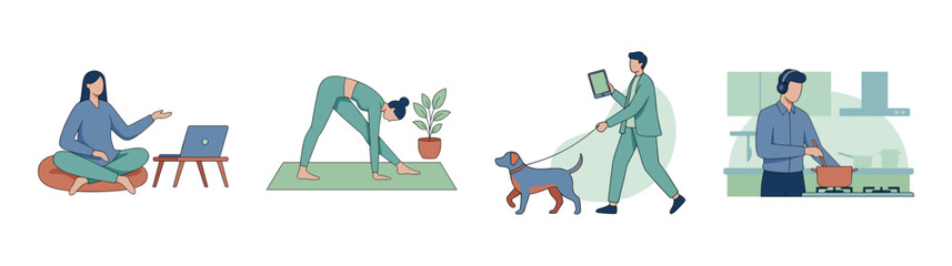 Flat Vector Remote Lifestyle and Wellness Character Element Kit for Modern Work-Life Balance Themes