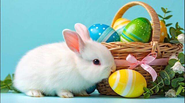 Adorable white baby rabbit sniffing colorful easter eggs next to a wicker basket full of decorated eggs on a blue background