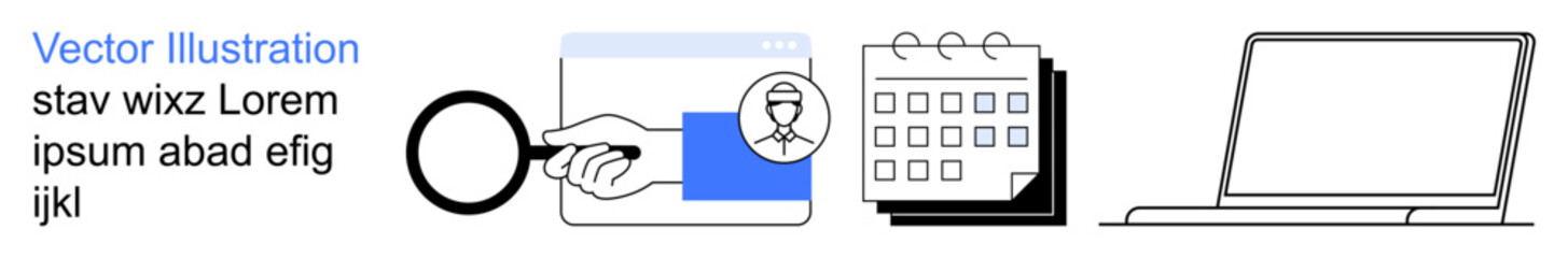 Obraz premium Data analysis, business organization, productivity tools, workflow optimization, digital technology, task planning. Magnifying glass, calendar and laptop icons. Data analysis and business
