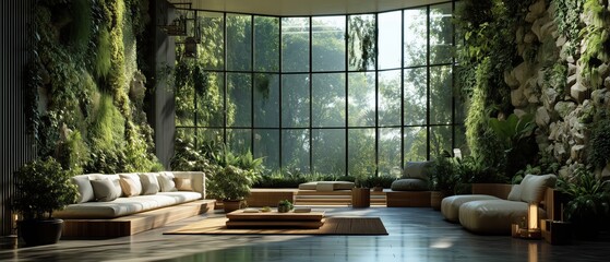 Modern Living Room with Vertical Garden and Large Windows