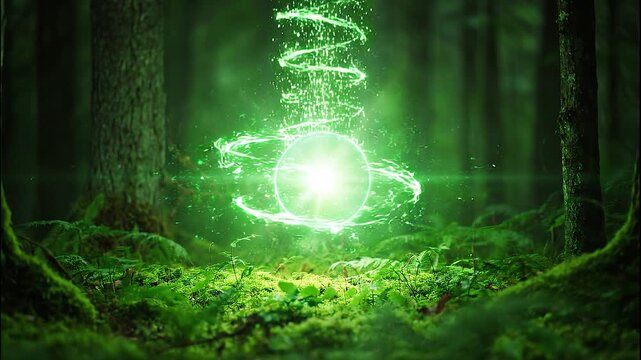 Mysterious green energy orb levitating and pulsating with magical light particles in an enchanted fantasy forest at night