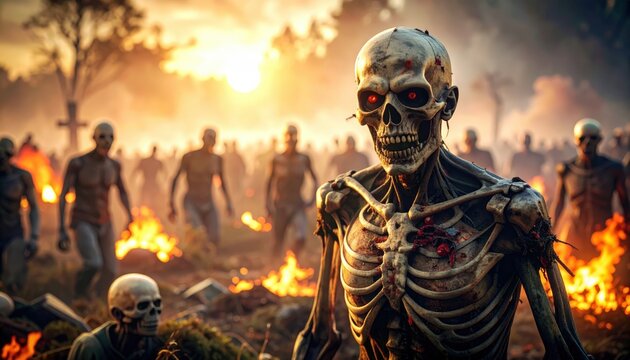 Sinister skeletal horde emerges amidst fiery inferno apocalypse landscape