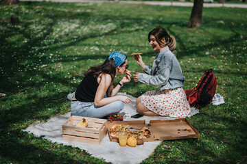 Two women enjoy a sunny park picnic, sharing pizza and drinks. They sit on a blanket with a crate...
