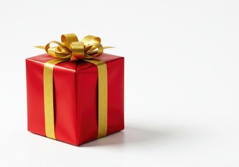 Fototapeta premium A luxurious red gift box wrapped with a shiny gold ribbon, placed neatly on a clean white surface, symbolizing celebration and surprise ,giftbox ,gift ,isolated