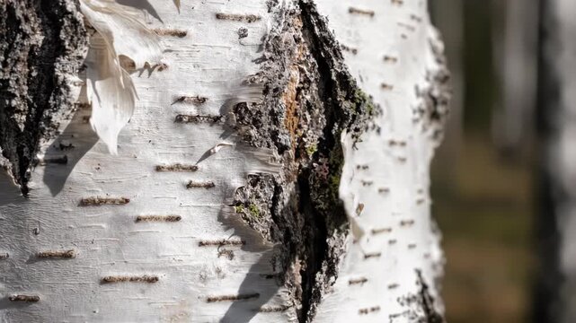 Close-up of a white tree trunk with peeling bark and dark, textured patches
