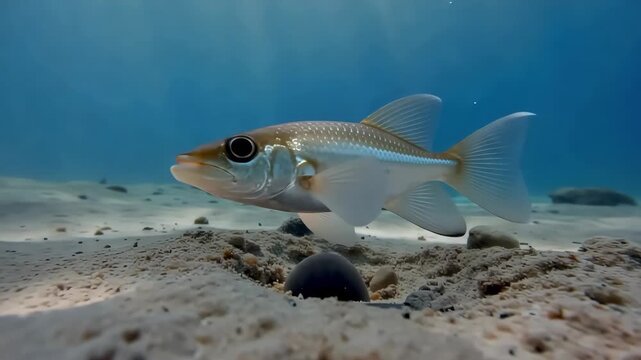 Underwater view of a silver fish swimming above the sandy seabed with rocks in clear ocean water