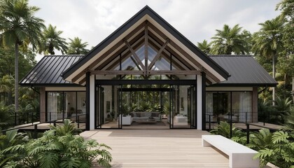Modern luxury tropical house with glass facade and wooden deck surrounded by lush palm trees