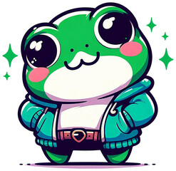 A cool cartoon frog standing tall, wearing a jacket, a heart-shaped belt, with bright eyes and rosy cheeks