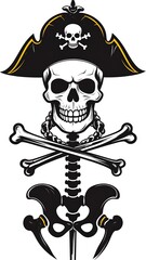 Cartoon pirate skeleton with hat, beads, bones, and pelvic bones on white background