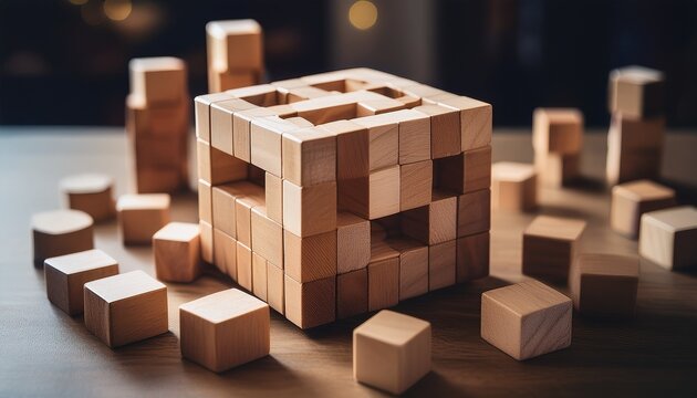 wood puzzle blocks forming a cube showing problem solving logic and challenge in educational games