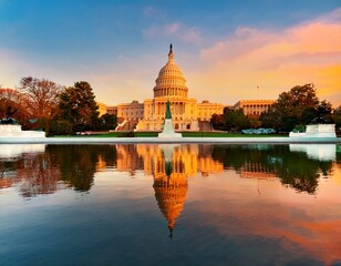 Obraz premium capitol hill sunrise reflection washington dc usa capitol building golden hour sunrise capitol