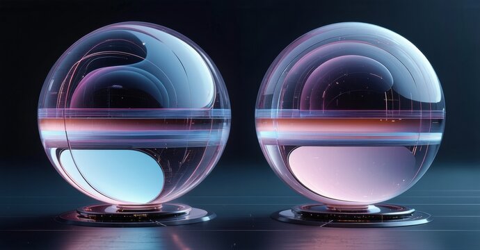 Two glowing spheres rest upon dark surfaces. Internal lights create vibrant, futuristic visual effects. Smooth reflections dominate composition.