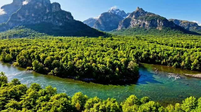 Drone shot above a pristine river carving through a dense green forest toward majestic mountains