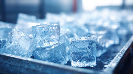 Obraz premium Ice Cubes' Cool Abundance: A close-up captures a mesmerizing display of ice cubes arranged in a metallic tray, conveying a refreshing chill and the potential for a cool refreshment.