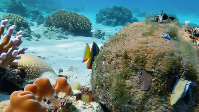 Vibrant coral reef ecosystem with regal angelfish underwater marine life exploration of tropical sea floor