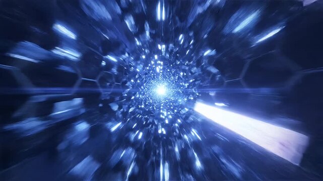Futuristic Data Stream Tunnel - A high-speed tunnel with blue geometric patterns and bright light bursts in a futuristic style. The video creates a sense of rapid movement and advanced technology.