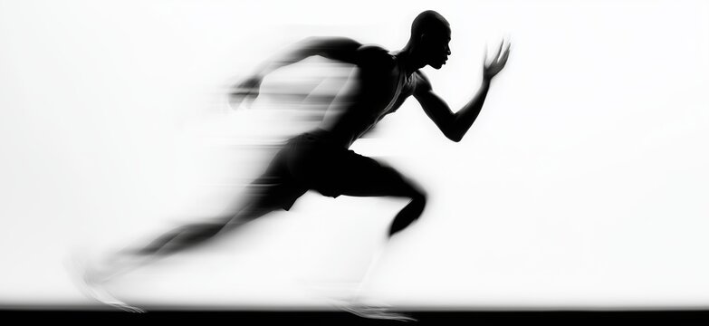 Runner moving with speed and motion blur on white background. Athlete sprinting forward, creating dynamic motion blur