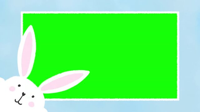 Cute Easter Bunny Hops on Screen on a Chroma Key Greenscreen Frame on Sky Background Hand-drawn illustration Cartoon animation  - 4K Horizontal Seamless Loop Video