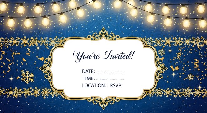 Elegant winter party invitation with gold decorations and string lights