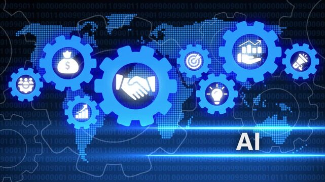 AI Technology Global Network with Gears and Icons Representing Partnership and Innovation