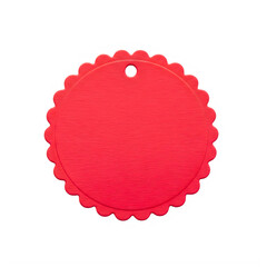 A vibrant red scalloped paper ornament with a hole at the top