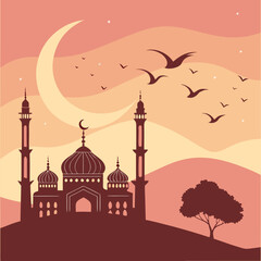 A serene illustration of a mosque under a crescent moon at sunset