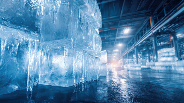 Ice Block in Production Hall: A close-up showcases a collection of gleaming ice blocks, stacked meticulously within a vast industrial warehouse.
