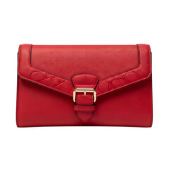 Red leather clutch bag with intricate stitching and silver buckle